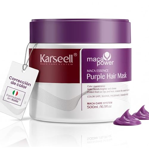 Karseell MACA CARE SYSTEM Mascarilla Capilar Violeta Profesional Matizadora Antiamarillo Cabello Rubio Canas Platino Decolorado Encrespado Hidratante Reparadora Antifrizz Colágeno Sin Sulfatos 500ml