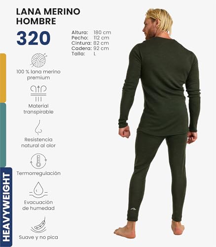 Miniatura 2 de Merino.Tech Conjunto Lana Merino Hombre - Camisa Y Pantalon Termica Lana Merino Con Calcetines Pesados Medium, 320 Army Green
