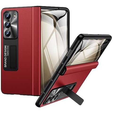 LEIAU for Samsung Galaxy Fold 5 Case: Luxury Genuine Leather case with Full Cover Hinge Protection & Screen Protector & Kickstand - Shockproof Protective Phone Case for Galaxy Z Fold 5 5G Red Cover