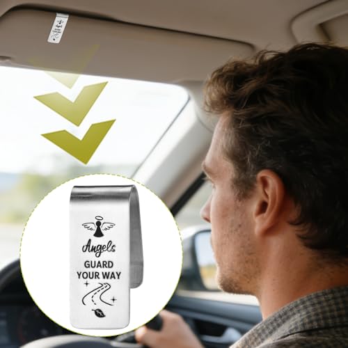 Image of Car Guardian Angel Visor Clip, Engraved Stainless Steel Car Visor Clip for Safe Travel Religious New Drivers Gift Men Women Friends Family(Silver)