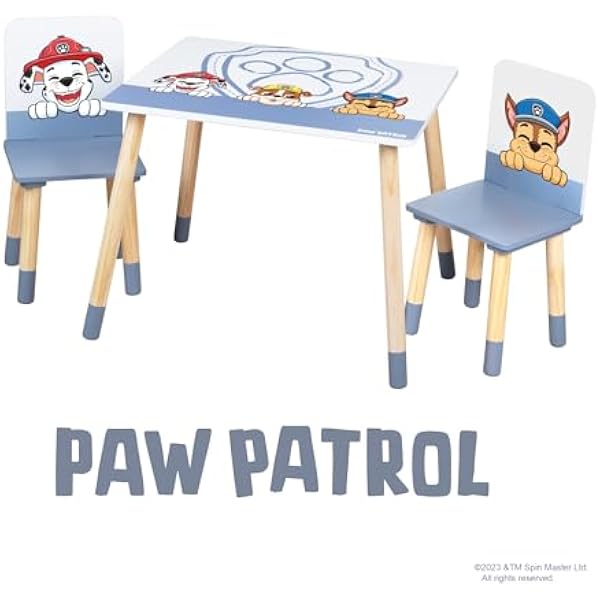 roba Zestaw mebli dla dzieci Psi Patrol - 2 krzesełka dziecięce i 1 stolik dla dzieci - Komplet mebli/meble z motywem psich kreskówek - Drewno białe - od 18 miesięcy