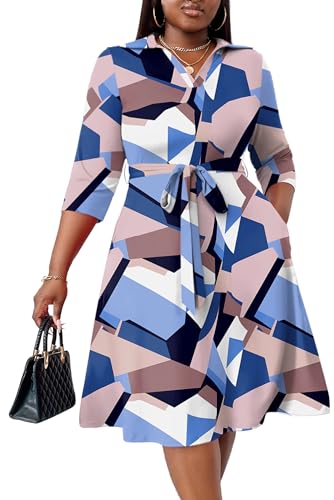 Image of FANDEE Plus Size Midi Dress for Women - Printing Summer Dresses for Wedding Guest Cocktail Party 3 /4 Sleeve V Neck(L-5XL)