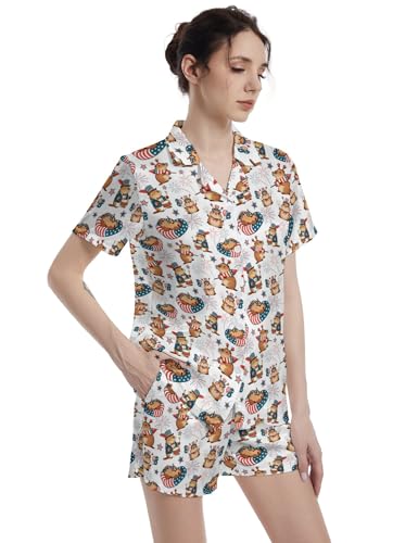 Image of Funny Satin Pajamas Set for Women Button Down Sleepwear Print Pjs Set 2 Piece Short Sleeve Loungewear Gift for Women
