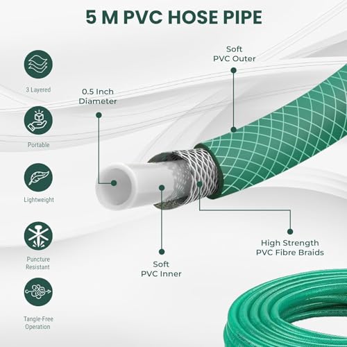 Image of Amazon Basics 5M, 0.5 Inch Braided PVC Garden Hose Pipe with 8 Pattern Spray Gun with 4 Clamps and tap Adaptor - Green | Heavy Duty Water Pipe for Garden, Car Washing, Garden Pipe for Home