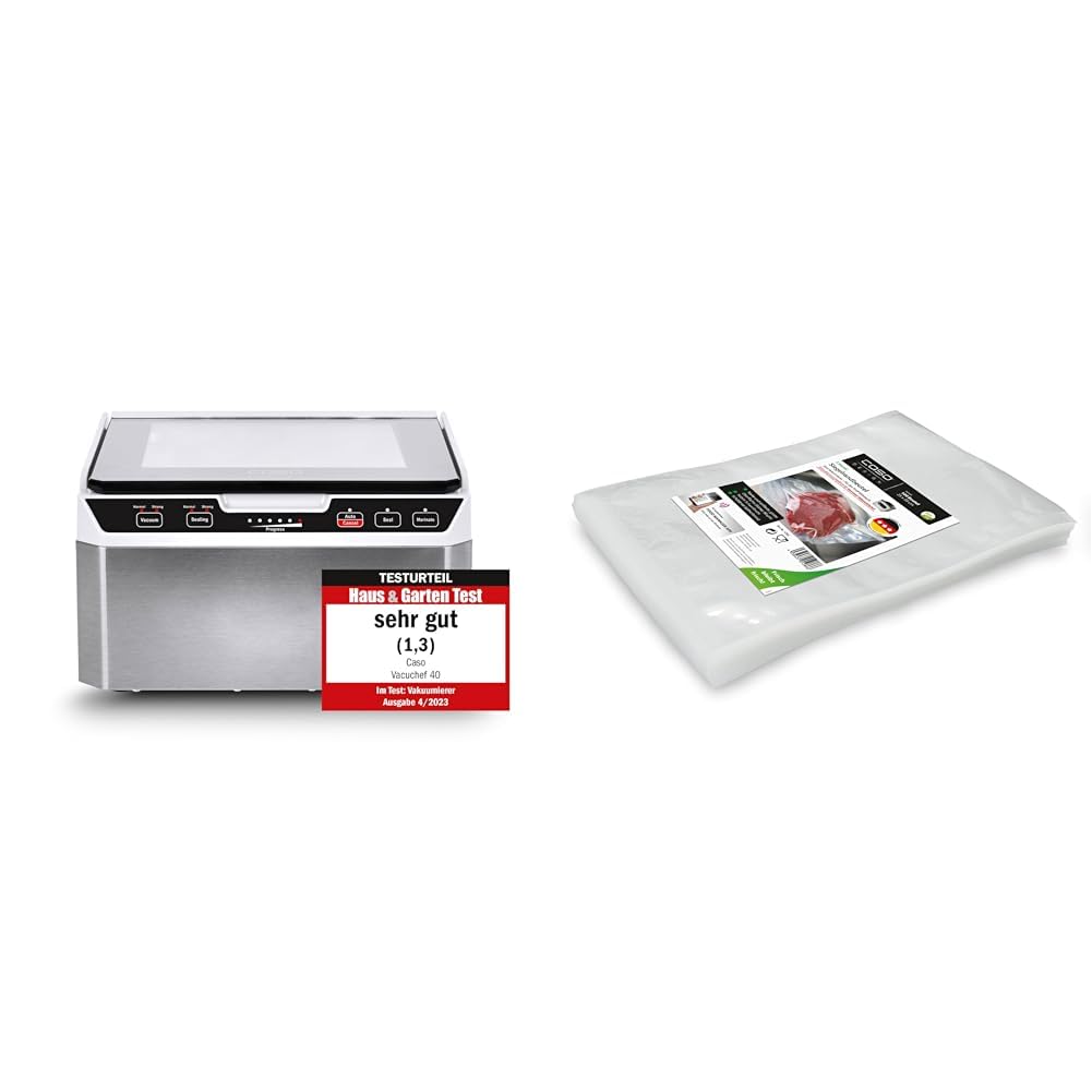 Caso VacuChef 40 - Kammervakuumierer aus Edelstahl, 1417 & Siegelrandbeutel 25 x 35 cm, 90 mμ, 100 Stück, ausschließlich für Kammervakuumierer, glatte Oberfläche, BPA-Frei, Sous Vide