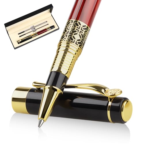 GEU Stylo Roller en Bois 0.5mm avec 2 Recharges D'encre Joli Coffret Cadeau Stylo D'écriture Fantaisie Professionnels pour Saint Valentin Dirigeant Bureau...