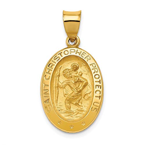 14k Yellow Gold Catholic Patron Saint Christopher Medal Brushed Matte Finish Pendant Charm - 22mm x 14mm