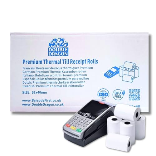 Double Dragon, 57 x 40 mm Rollo de Recibo Térmico Premium de Papel para Máquina de Tarjeta de Crédito PDQ, POS, EPOS [Paquete de 100]