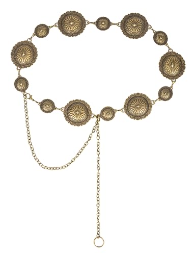 Metal-Concho-Chain-Belt for Women Vintage Western-Cowgirl-Belt Golden Boho-Waist-Link for Dress Sweater