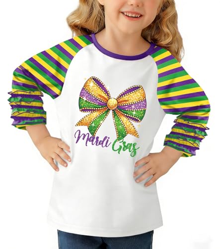 BesserBay Girls Mardi Gras Adorable Cute Bow Print 3/4 Sleeve Raglan Stripe Shirt White Purple Yellow Fat Tuesday Outfit 10 Years