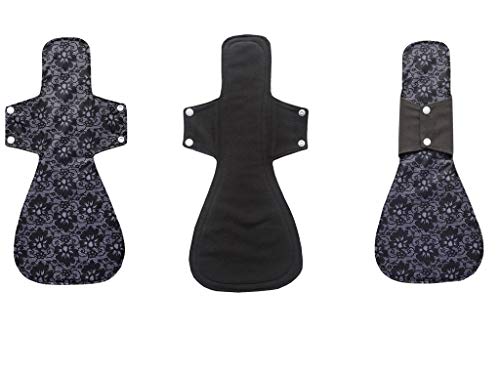 MUMBABY 3 pcs 16inch (41cm) Ultra-deep Sleep Overnight Charcoal Bamboo Mama Cloth/Menstrual Pads/Reusable Sanitary Pads (Black lace)