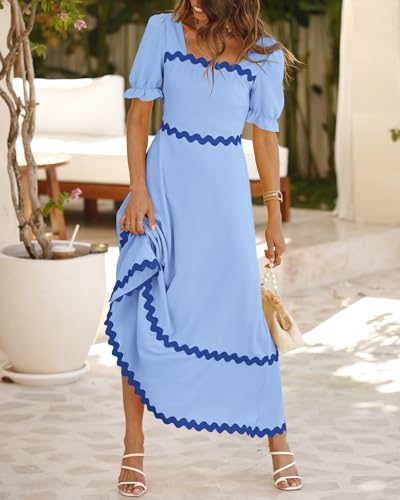 Image of BTFBM Women 2025 Summer Square Neck Short Puff Sleeve Dress Casual RIic Rac Tie Back Smocked Wedding Guest Maxi Dresses