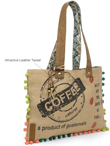 Image of The House of tara Jute Tote Handbag | Brown Beige Printed Shoulder Bag | Tassel Embellished | Magnetic Closure | Zipper Compartment | Casual Bag for College, Office & Daily Use | For Women