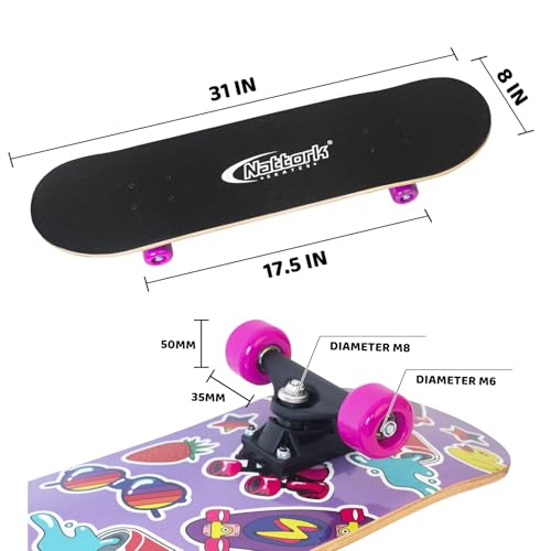 Image of Nattork 31 Inch Complete Skateboard, Standard Skateboards for Beginners, Wood 9 Layer Canadian Maple Trick Skate Boards for Boys Girls Youth Teens Adults