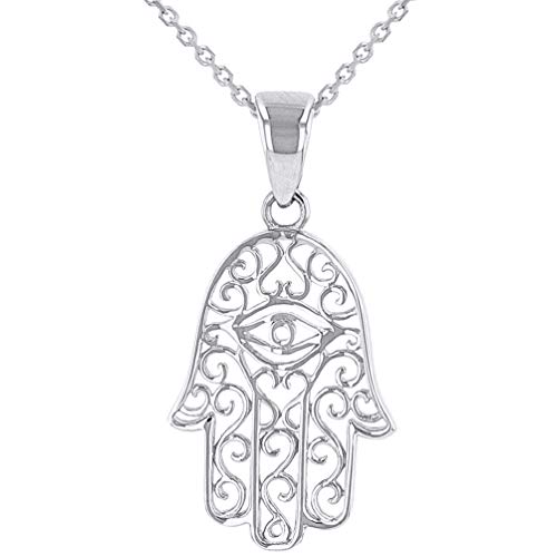 Jewelry America Solid 14K White Gold Filigree Hamsa Pendant with Evil Eye
