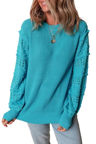 Women's Turquoise Ruffled Eyelet Bubble Sleeve Knit Sweater