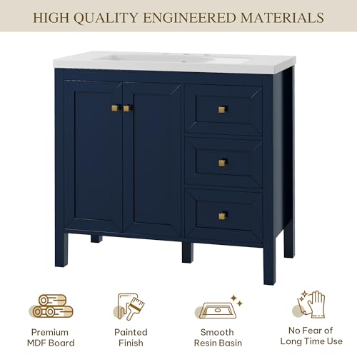 DWVO 36 Inch Bathroom Vanity with Sink Combo, Modern Bathroom Storage Cabinet with Resin Basin, Three Holes, 2 Doors & 3 Drawers, Navy Blue - Thumbnail 6
