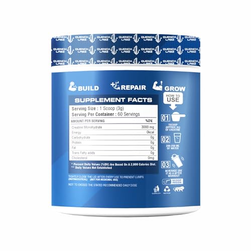 Image of QuenchLabz Creatine Powder 3000 mg | Mircronized Creatine Monohydrate | Creatine Monohydrate 100g for For Lean Pump and Volumization | Gym Supplement for Men for Pump and Strenght - Unflavoured Powder - 33 Servings - Pouch (180 GM, Unflavoured)