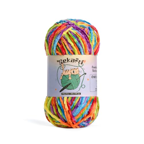 Image of Fuzzy Chenille Yarn for Crocheting, Fluffy Amigurumi Crochet Yarn for DIY Craft /Hat /Shoes, (100g /197yds) Soft Velvet Baby Blanket Yarn(Rainbow)