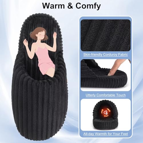 Women Arch Support Slippers – House Bedroom Slippers for Woman, Orthopedic Shoes for Plantar Fasciitis, Corduroy Closed Toe Ladies Slides Outdoor 8836 Black 40/414