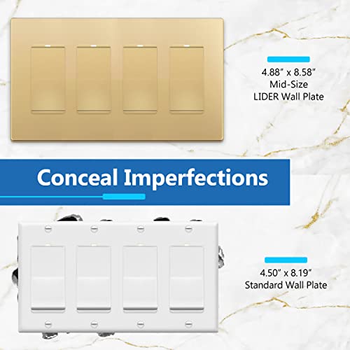 Image of LIDER Decorator Switch Cover, Screwless Wall Plate, Mid-Size 4-Gang 4.88 inch x 8.58 inch, LSWP-34M-GD2P, UL Listed, Thermoplastic, Matte Gold, 2-Pack