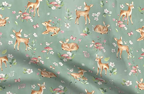 Spoonflower FI-F86-D7306866-FQ Fabric - Large Deer Flowers Green Woodland Forest Nursery Fawn Animal Printed cover