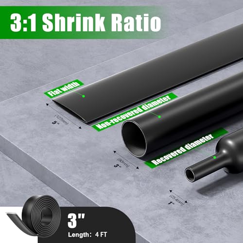 ELECFUN 3in Heat Shrink Tubing 3:1 Large Marine Heat Shrink Tube Dual Wall Adhesive Shrinkable Wire Wrap Tube, Fully Insulation (4 Feet Black Tubing)