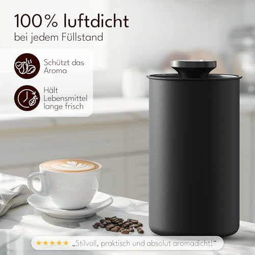 Foto von KC Kitchen & Co. Kaffeedose luftdicht für 500 Gramm Kaffeebohnen – Edelstahl Vorratsdose mit Vakuumdeckel & Aromaverschluss – Aufbewahrungsdose für Kaffee, Tee, Zucker, Müsli Schwarz Matt (1700ml)