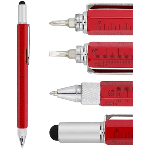 HeTaoCat Gifts Multi Tech Tool Pen 6 in 1 Stylus Pen - Screwdriver Pen with Ruler, Levelgauge, Ballpoint Pen Black ink (Red) Cover