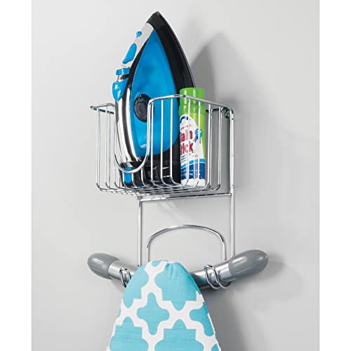 Mdesign Wall Mount Metal Ironing Board Holder With Small Storage Basket - Holds Iron, Board, Spray Bottles, Starch, Fabric Refresher For Laundry Rooms - Chrome #TOP2