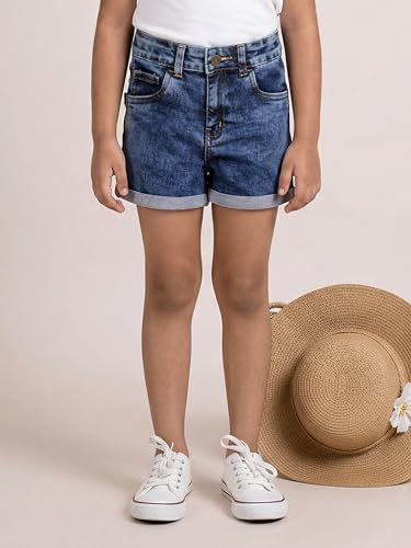 Image of KiddoPanti Girls Tight Length Rollup Denim Shorts with Lavender and Pink 3D Crochet Flowers