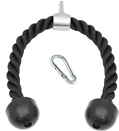 FITNESS MANIAC USA Deluxe Tricep Rope Cable Attachment 27 inch Black Color Exercise Machine Attachments Pulley System Gym Pull Down 27-Inch for Workouts with Carabiner