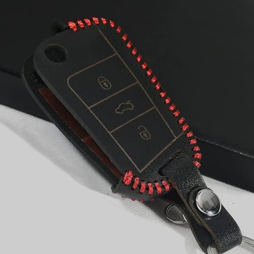 Image of Leather Car Key Cover with Key Chain for Skoda Superb, Octavia, Volkswagen Jetta, Passat, Tiguan (Black)