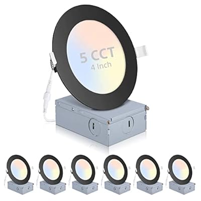 6 Pack Recessed Lighting 4 Inch with Junction Box, 5CCT 4 Inch Black LED Recessed Lights Dimmable 2700K/3000K/4000K/5000K/6000K, 9W 700lm Ultra Thin Recessed Lighting - ETL and Energy Star Certified