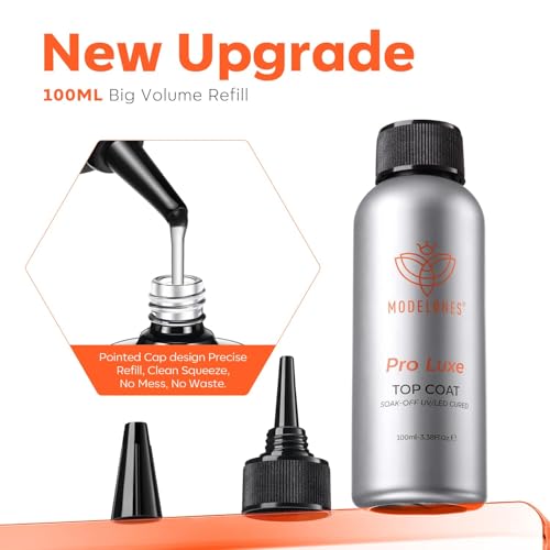 Image of modelones Gel Top Coat, 100ml No Wipe Extra Glossy Gel Nail Polish Long-Lasting High Gloss Bulk Salon Grade Top Coat Refill Clear Nail Polish, for Nail Techs, Manicure Stores & DIY