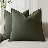 Foindtower Pack of 2, Decorative Linen Solid Throw Pillow Covers Soft Accent Cushion Case Farmhouse Neutral Pillowcase for Chair Couch Sofa Bedroom Living Room Home Decor 20x20 Inch Dark Olive Green