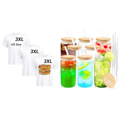 Joyclub Bundle of 3 PCS White Polyester T Shirts and Glass Cups with Bamboo Lids and Straws 8 Set 16 oz