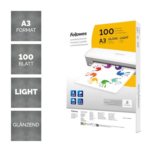 Fellowes A3 Laminierfolien – 100 Stück glänzend – Laminiertaschen für Zuhause, Schule & Büro – Ideal für Poster, Schilder & Dokumente – Kompatibel mit allen Laminiergeräten