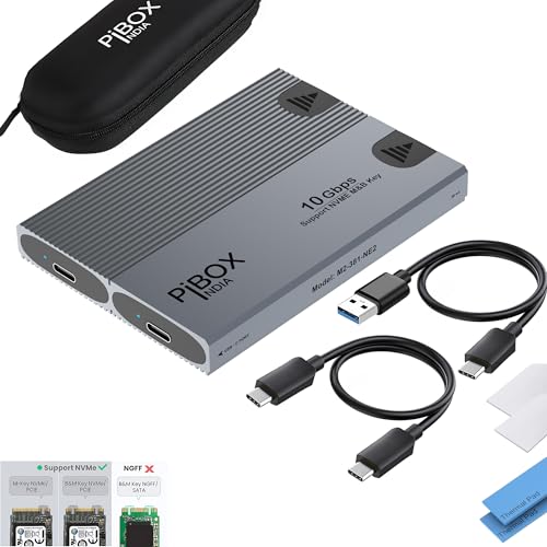 Image of NVME M2 Enclosure Dual, PiBOX India NVMe SSD Enclosure - USB 3.2 10Gbps, Tool-Free M.2 NVMe Case, PCI-E NVMe Reader, USB-C, Supports M & B&M Keys, 2230 /2242 /2260 /2280 SSDs, REALTEK RTL9210 Chipset