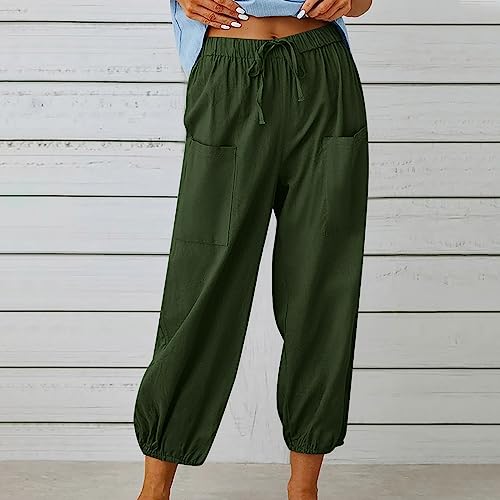 High Waist Cotton Linen Pants for Women Casual Summer Drawstring Lounge Pants Loose Cropped Trousers with Pockets2