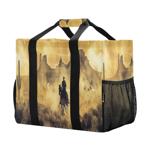 YETTASBIN Vintage Cowboy Large Foldable Travel Tote Bag, Lightweight Waterproof Swim Pool Bag with Handles & Pocket for Beach Outdoor, Reusable Grocery Bag for Kitchen, Shopping