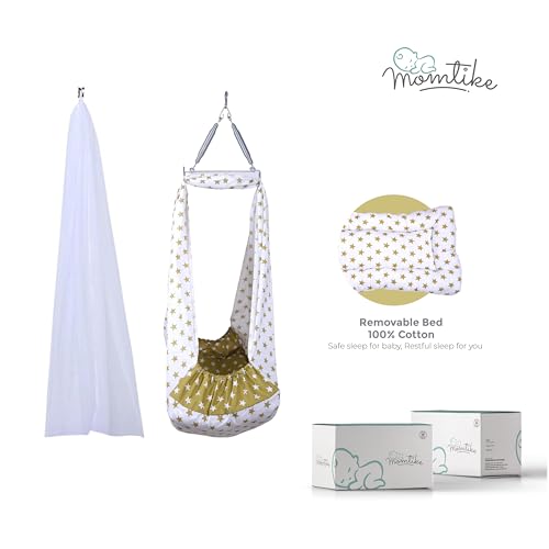 Image of Baby Cradle Swing for Newborns | Cotton Fabric Filled with Recron Fibre | Hanger Spring, Mosquito Net & Mattress with Insert Pocket | Jhoola, Thottil, Joli, Jokali, Onjal-Lt Mehendi
