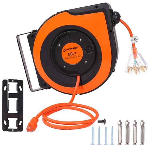 CRAFTFORCE Retractable Extension Cord Reel, 50 FT 12AWG/3C SJTOW Power Cord Reel with 15 Amp Circuit Breaker and Lighted Triple Outlet, 180° Swivel Bracket for Ceiling or Wall Mount, UL Listed