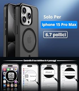 Vansdon Cover Magnetica per iPhone 15 Pro Max con 1 Pezzi Vetro Temperato, Compatibile con Magsafe, Protezione anticaduta di livello militare, Custodia Traslucida Opaca Sottile Antiurto-Nero