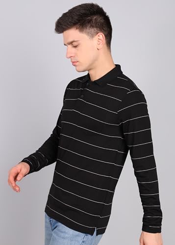 Image of INKKR Men Full Striped Polo Neck Cotton Blend T-Shirt