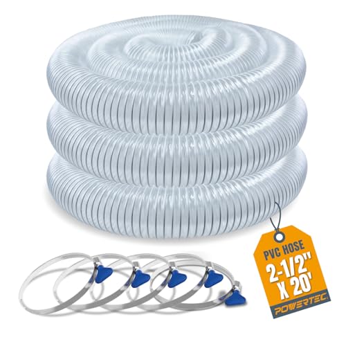 POWERTEC 2-1/2" x 20' PVC Dust Collection Hose with 5pcs Stainless Steel Key Hose Clamps for Table Saw, Band Saw, Router Table, Belt Sander, Woodworking and Wood Shop Dust Collection System (70468) by POWERTEC - Used condition - CA$51.15