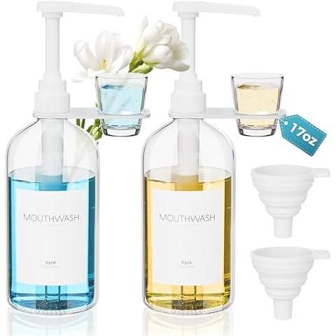 Oylik Glass Mouthwash Dispenser with Cup Holder, Mouthwash Dispenser for Bathroom 17oz Refillable Clear Mouthwash Container Pump with Funnel & Label -2 Pack Cover