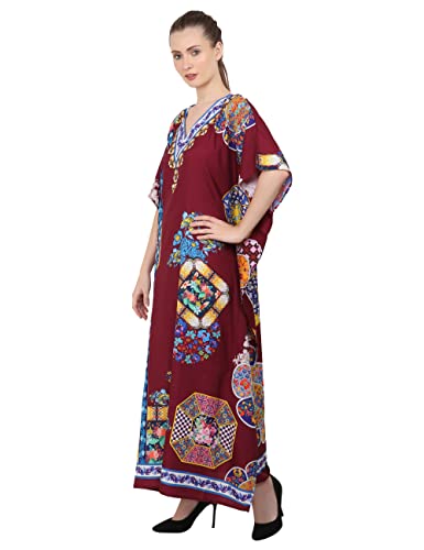 Image of Miss Lavish London Maroon Kaftan Dresses for Women V Neck Batwing Sleeve Beach Vacation Bikini Swimsuit Cover Ups,Resort Wear Cruise Coverup-Maroon-S
