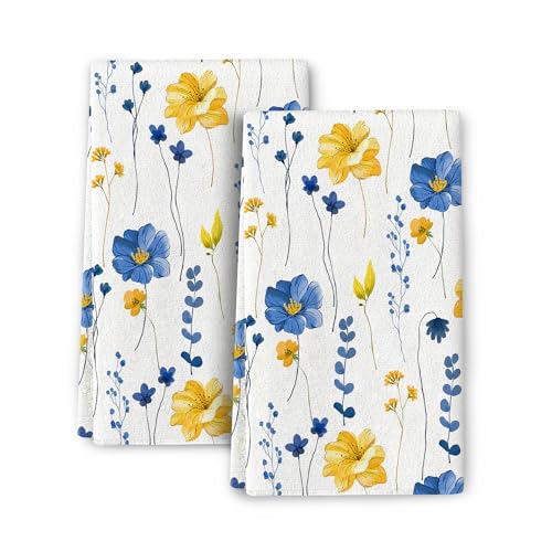 Bapcoku Blue Yellow Flower Kitchen Dish Towels Set of 2, Soft Absorbent Watercolor Floral Hand Towel Tea Towels for Kitchen Spring Summer Home Decor,Housewarming Gifts for New Home Women, 16x24 inch