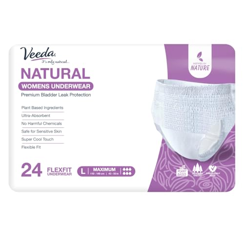 Image of Veeda Natural Adult Incontinence Underwear for Women - Postpartum Underwear for Bladder Leakage Protection - Disposable Underwear with Maximum Absorbency - Large Size - 24 Count